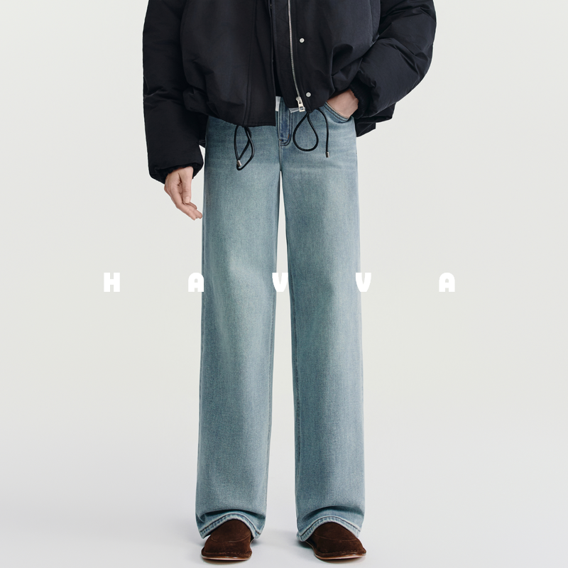 HAVVA高腰阔腿加绒加厚牛仔裤修饰腿型女裤子2025年冬季KH3-5177