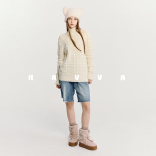 HAVVA半高领格纹绞花针织衫 2690 女舒适套头毛衣上衣2025秋冬M3