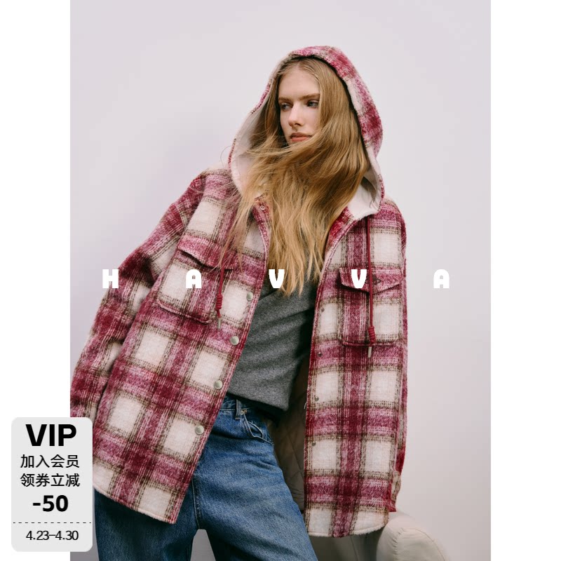 HAVVA减龄高级感格子加厚毛呢外套连帽女呢子上衣2025秋冬N29080