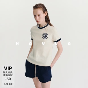 HAVVA美学撞色圆领短袖T恤字母棉润质感女士上衣2026夏季T3-1346