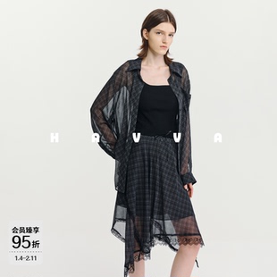 HAVVA宽松翻领格纹长袖衬衫轻薄透肤设计女士上衣2026春季C3-5467