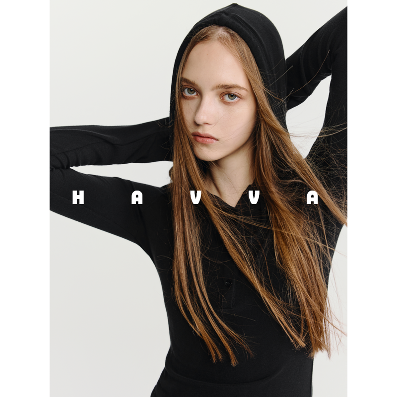 HAVVA休闲连帽长袖T恤舒适高弹修身套头女士上衣2025秋冬T3-5006
