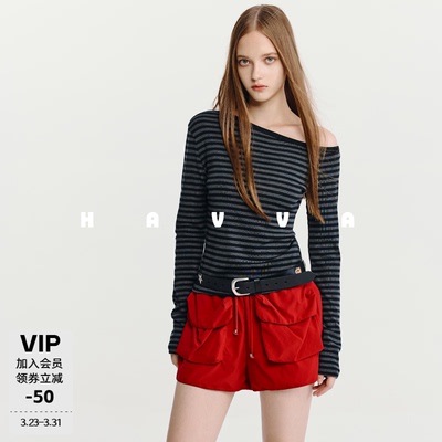 HAVVA条纹斜肩修身长袖T恤高弹舒适显瘦女士上衣2026春季T3-5326