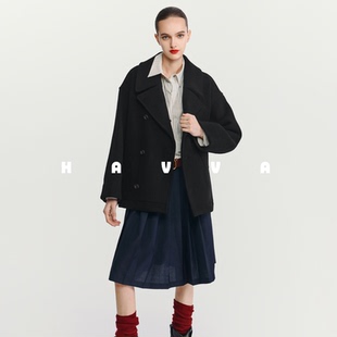 HAVVA口碑推荐设计感大口袋廓形毛呢大衣女毛呢外套2025冬N3-4100