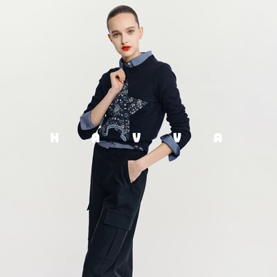HAVVA设计感刺绣毛衣修身短款女士套头针织衫上衣2025秋冬M3-4359