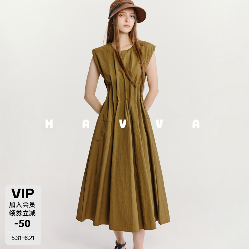 HAVVA极简风无袖圆领压褶收腰连衣裙中长款女士裙子2026夏Q3-3687