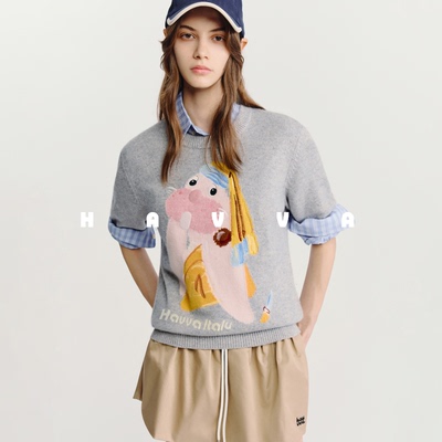 HAVVA卡通提花圆领短袖针织衫软糯舒适好穿女毛衣2025秋冬M3-0556