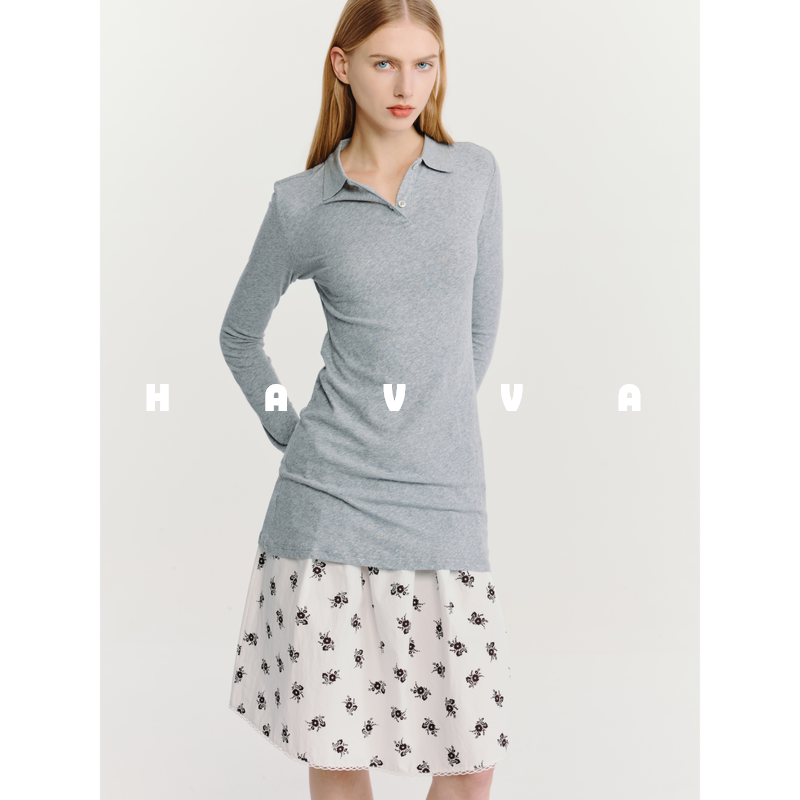 HAVVA修身显瘦翻领长袖T恤中长款女士打底衫上衣2026春季T3-5318,女装/女士精品,T恤,淘宝优惠券,粉丝福利购,淘宝优惠卷