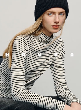 HAVVA条纹长袖修身内搭T恤半高领弹力女士打底衫2026春季T3-09700