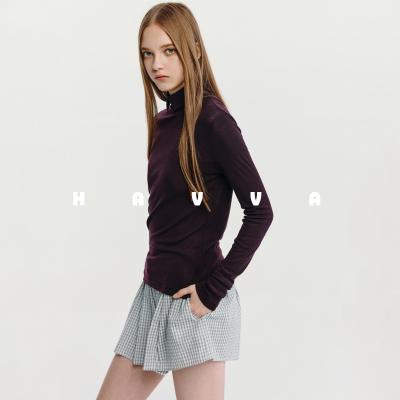 HAVVA设计感半高领修身弹力长袖T恤女舒适套头内搭2025秋T3-5293