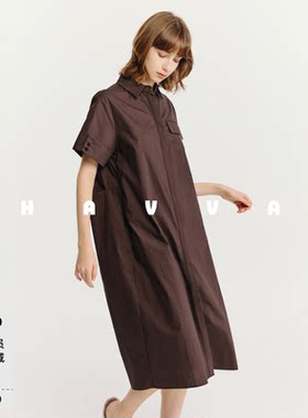 HAVVA短袖H型工装裙直筒中长款系带衬衫连衣裙2026夏季Q3-7317