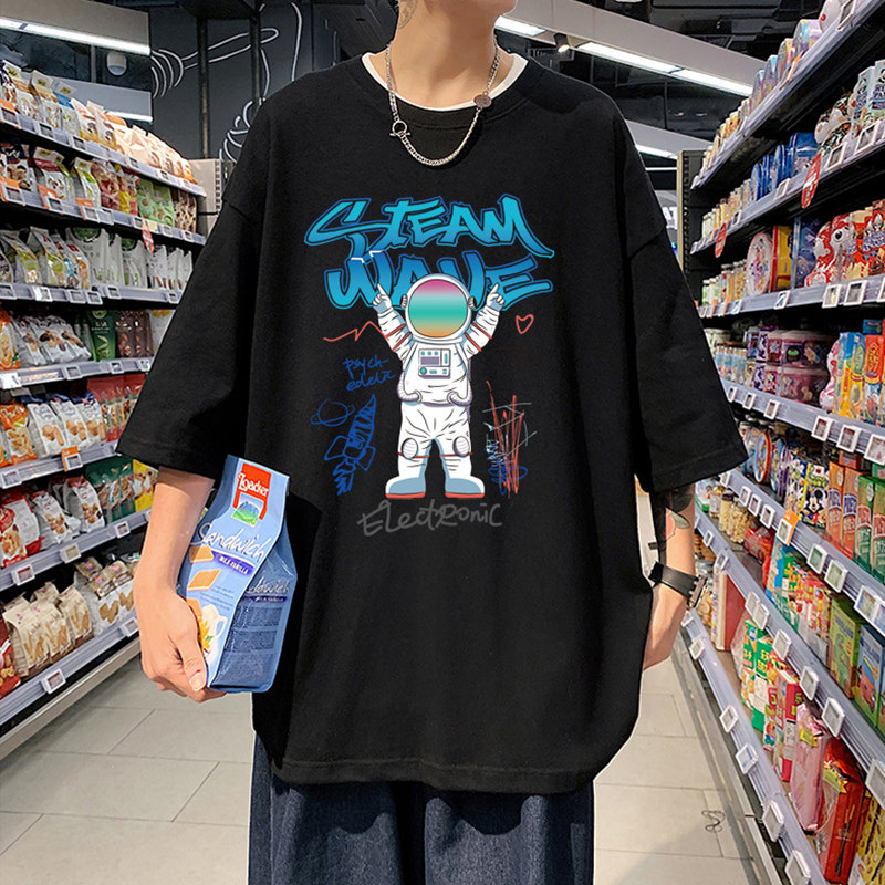 宇航员短袖t恤男夏季ins潮流纯棉半袖卡通黑色港风宽松太空人衣服