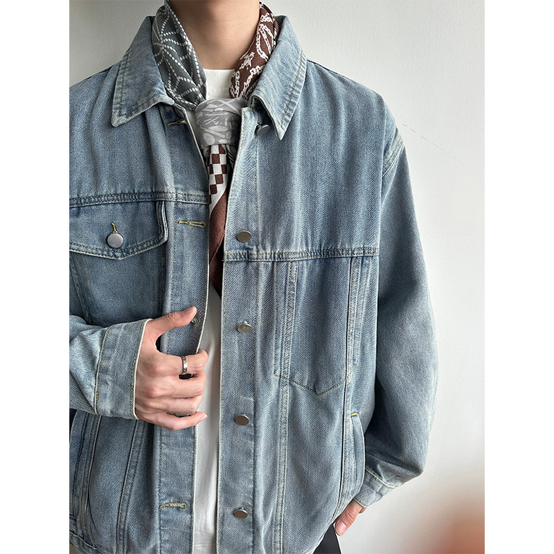 夹克男春季新款美式复古蓝工装牛仔外套宽松潮牌短款痞帅做旧褂子