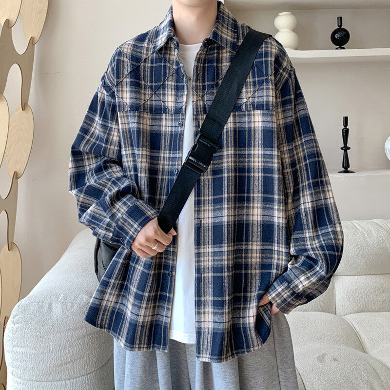 港风大码休闲美式长袖衬衫男oversize秋季新款格子翻领男装上衣服