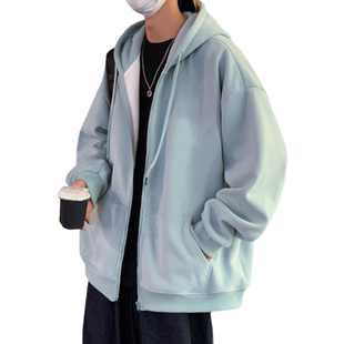 潮牌休闲纯色连帽美式卫衣男秋冬装港风宽松拉链开衫情侣夹克外套