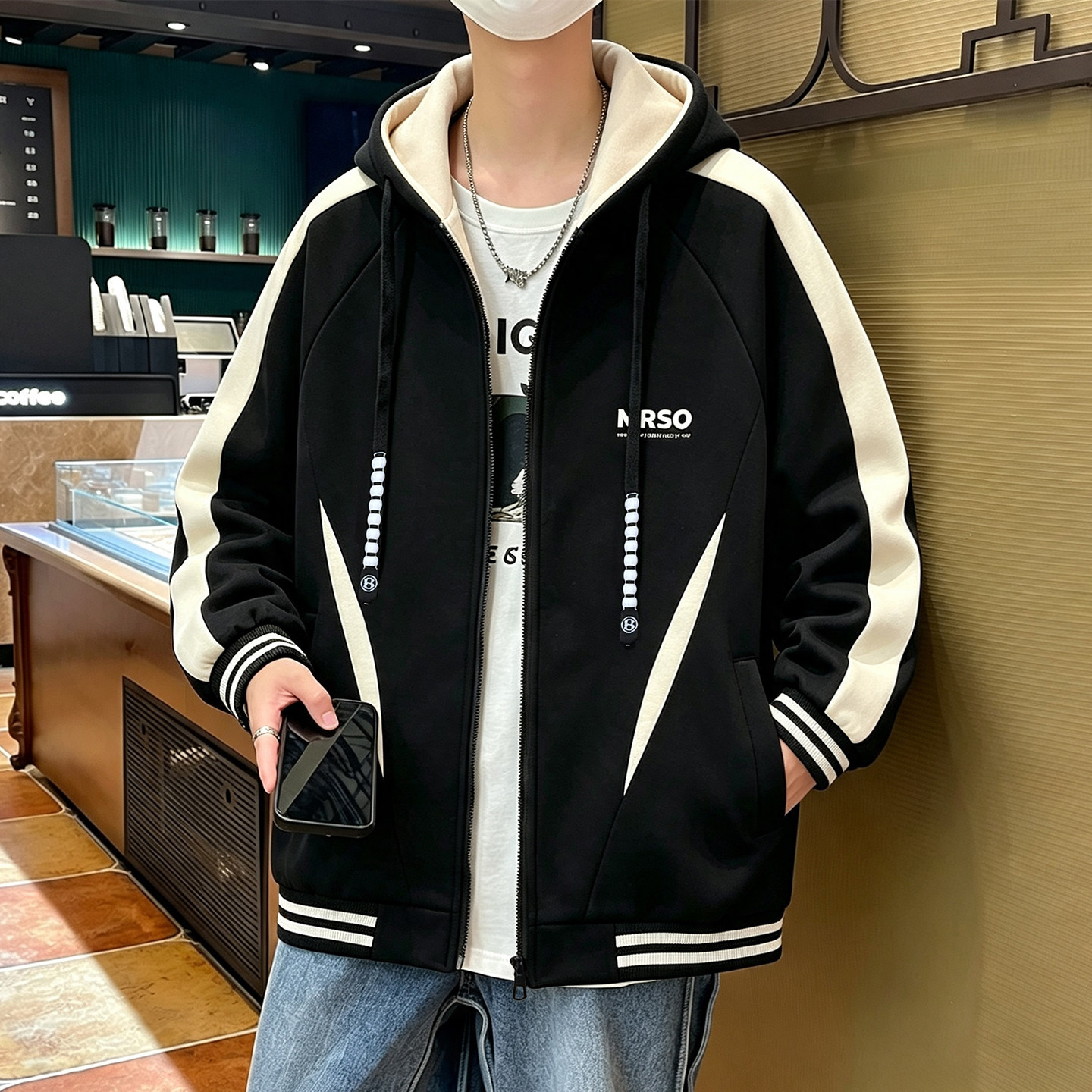 重磅拼接连帽开衫夹克男秋冬季新款休闲大码潮牌上衣棒球服外套潮