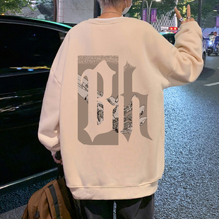 秋冬季新款加绒加厚圆领卫衣男潮牌慵懒风无帽外套宽松美式打底衫