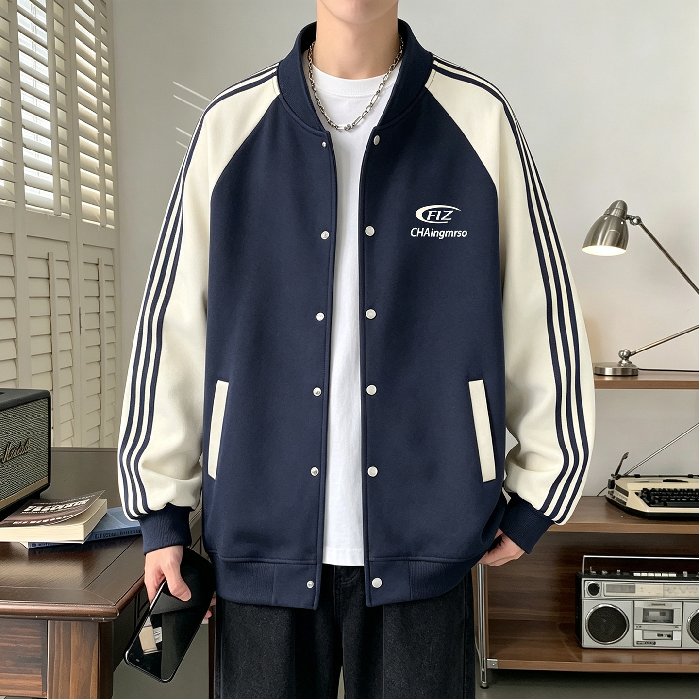 单排扣开衫卫衣男春秋季拼色棒球服外套新款条纹宽松刺绣潮牌上衣