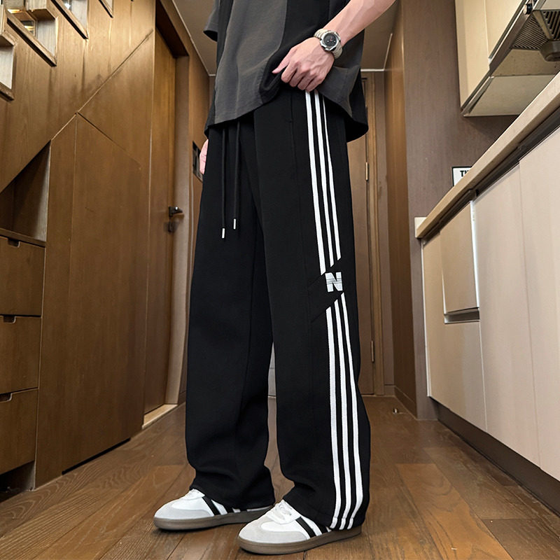 裤子男秋冬季新款垂感直筒裤男士宽松休闲运动裤港风条纹阔腿长裤