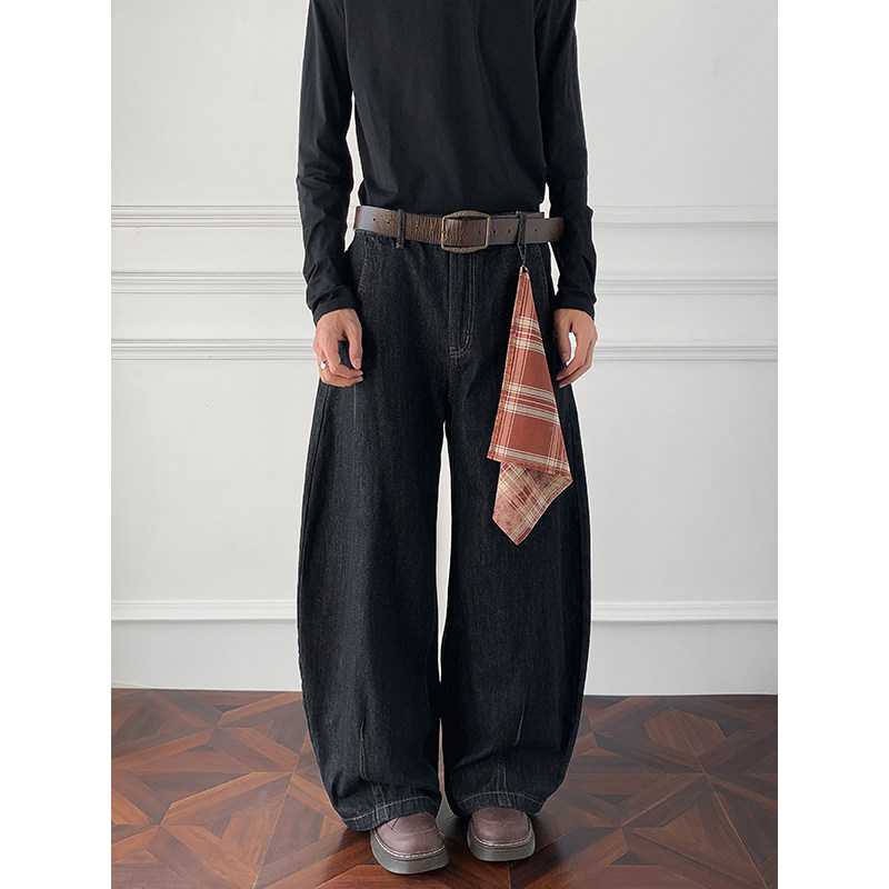 弯刀牛仔裤男秋冬季新款拼接休闲美式阔腿裤ins大码宽松直筒长裤
