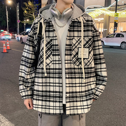 夹棉加厚格子夹克外套男秋冬季2025新款港风宽松可拆卸连帽开衫潮