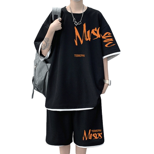 夏季运动休闲男生短袖套装潮流薄款宽松短裤家居服港风潮牌两件套