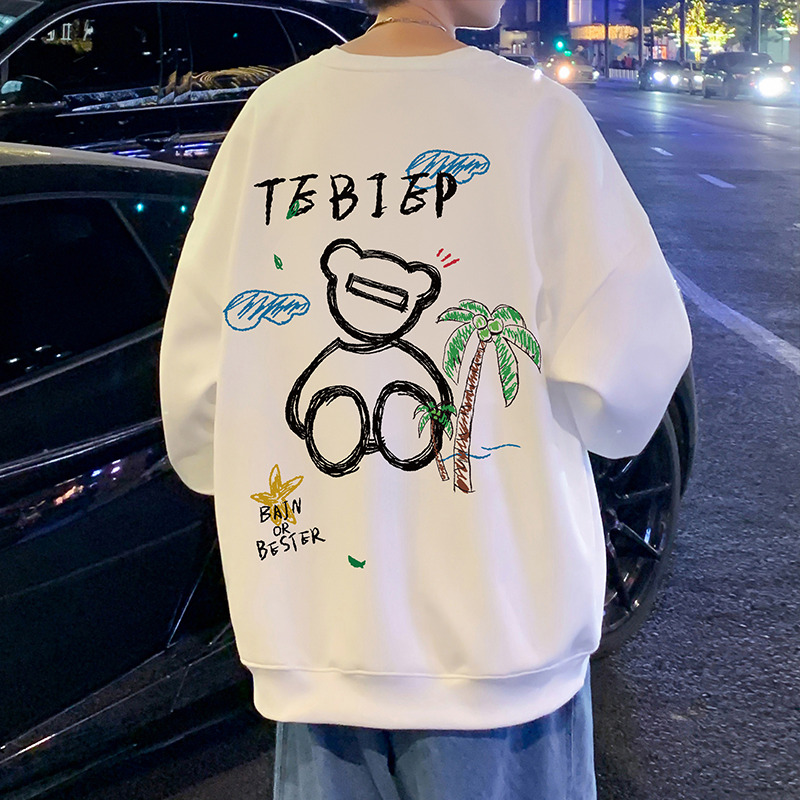 小熊印花卫衣男潮牌圆领套头百搭