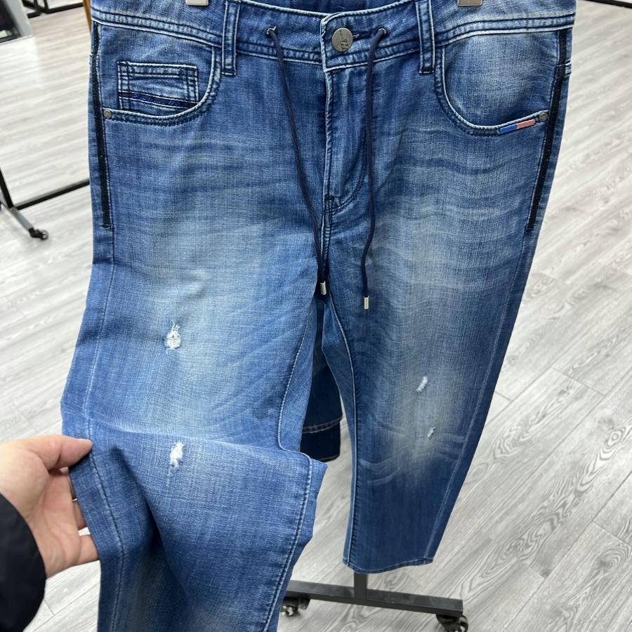 微弹牛仔裤九分裤剪标男装春夏季破洞修身系带抽绳微弹水洗男裤子
