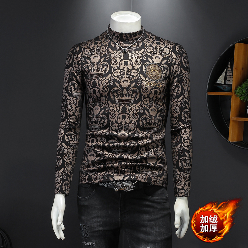D3322801P95假模黑色2024秋冬纯棉中领长袖打底衫加绒加厚潮，男装T恤，电商D332