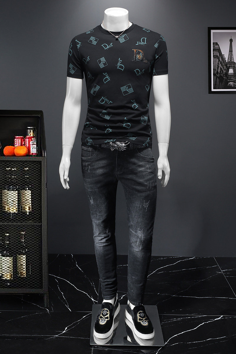 D3322307P70假模绿色2023春夏丝光圆领短袖T恤印花男潮,男装T恤,电商D332
