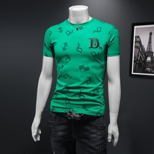 D332 2307 P70 假模绿色 2023春夏丝光圆领短袖T恤 印花男潮图片