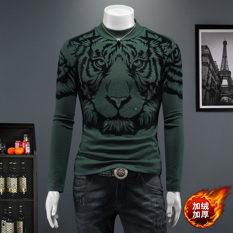 D3322840P100假模绿色2025秋冬纯棉中领长袖打底衫加绒加厚，男装T恤，电商D332