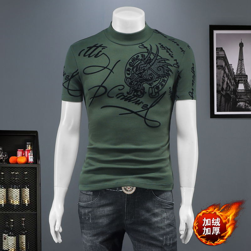 D33236951P85假模绿色2025秋冬纯棉中领短袖打底衫加绒加厚，男装T恤，电商D332