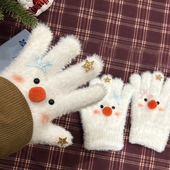 可爱雪人手套女冬季 保暖氛围感星星毛茸茸分指手套可触屏五指手套
