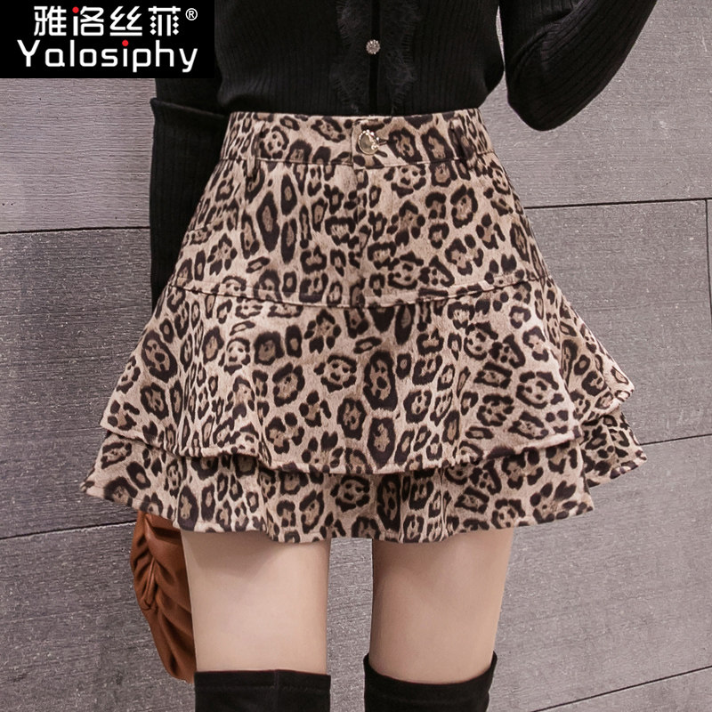 豹纹短裙女秋冬新款高腰荷叶边a字半身裙蛋糕裙防走光裤裙蓬蓬裙