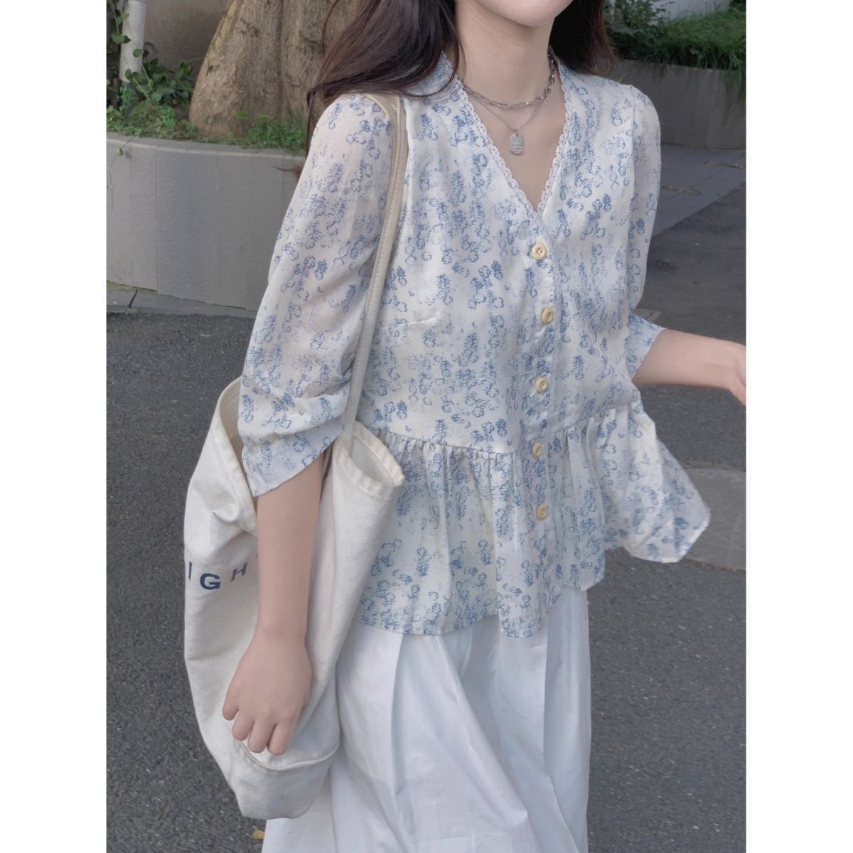 碎花娃娃衫半袖雪纺衬衫女春夏季小众宽松显瘦上衣气质优雅特大码