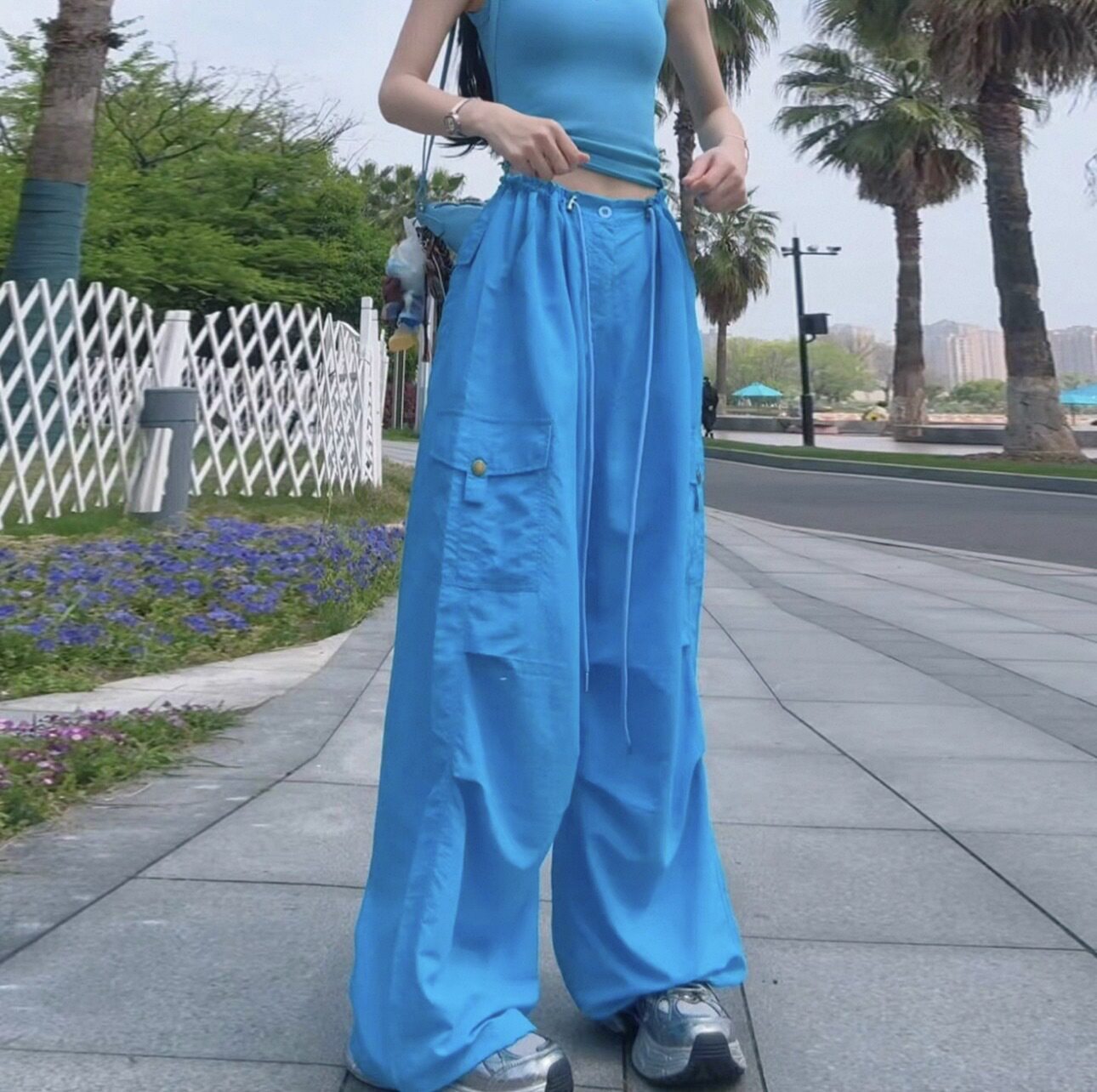 锦纶速干工装裤女款夏季新款高腰直筒登山阔腿裤设计感休闲运动裤