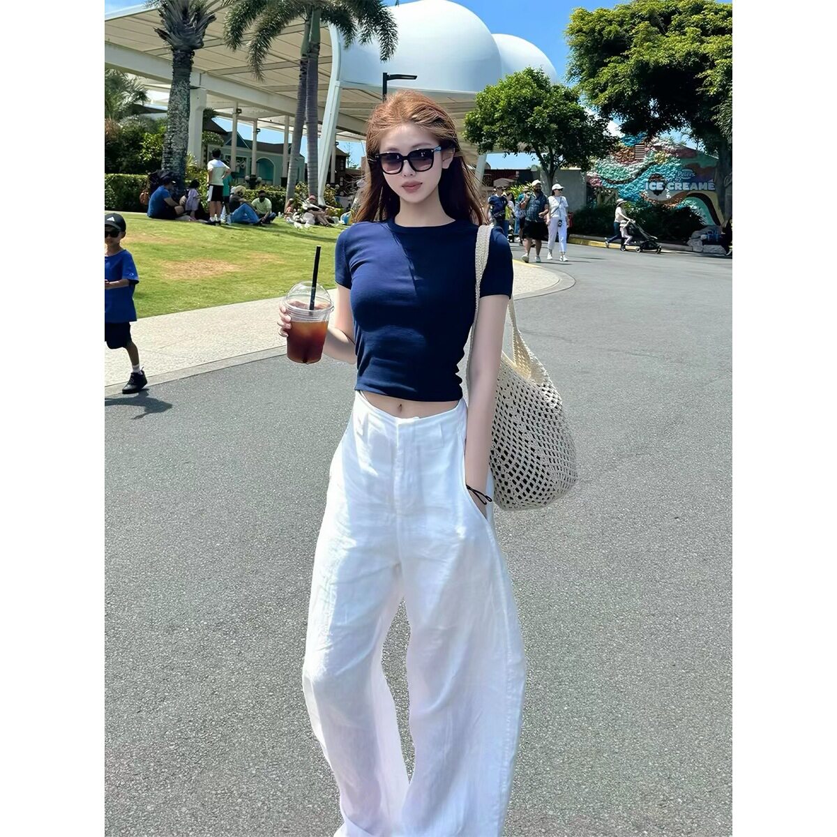星亿美式辣妹巨好看运动小套装女夏日绝美俏皮蓝色上衣休闲裤