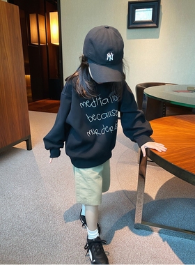 YUSONG◆2025秋季新款女儿童装男童黑色字母休闲运动风套头卫衣潮