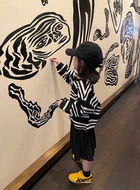 YUSONG◆2025春秋装新款男女儿童黑白条纹休闲运动风卫衣套头上衣