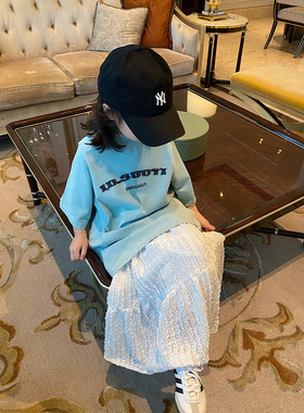 YUSONG◆2025夏季新款男童女儿童装韩版休闲宽松蓝色短袖字母T恤