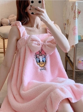 网红珊瑚绒浴袍女k可爱黛丝浴裙公主韩版少女抹胸吊带浴巾卡通甜