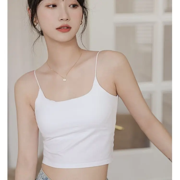 美背吊带小背心女带胸垫短款白色冰丝内搭外穿夏打底抹胸上衣