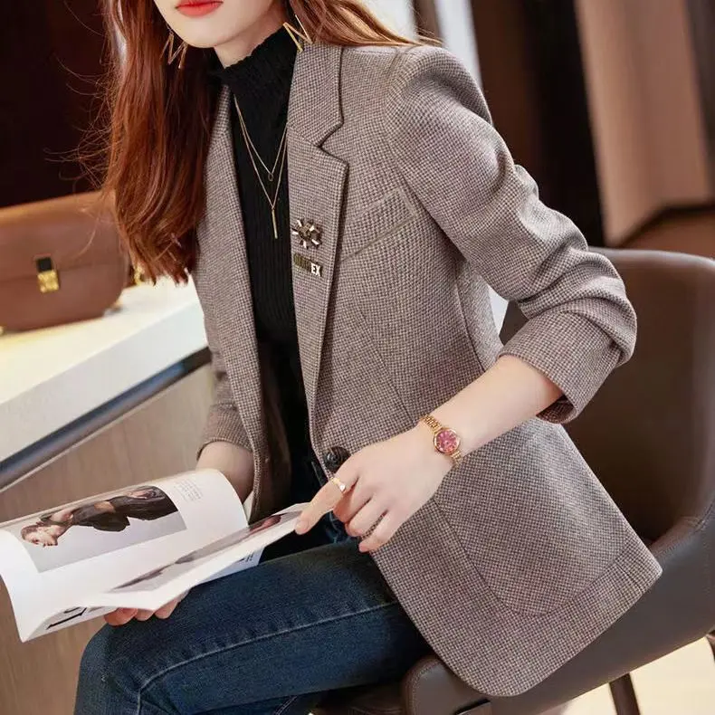 格子西装外套女韩版复古2025春秋新款休闲网红女式小西服长袖百搭