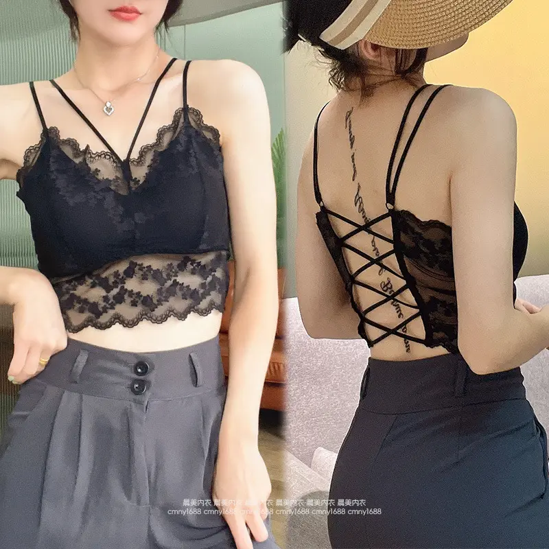 蕾丝美背吊带背心女带胸垫一体式文胸内搭打底外穿大码内衣短款