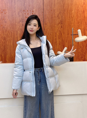 奶蓝色冬季保暖抽绳收腰显瘦立体中长款羽绒服女超好90白鸭绒外套