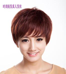 假发 女整顶假发套短发中老年妈妈真发微卷头套逼真 自然直发手织