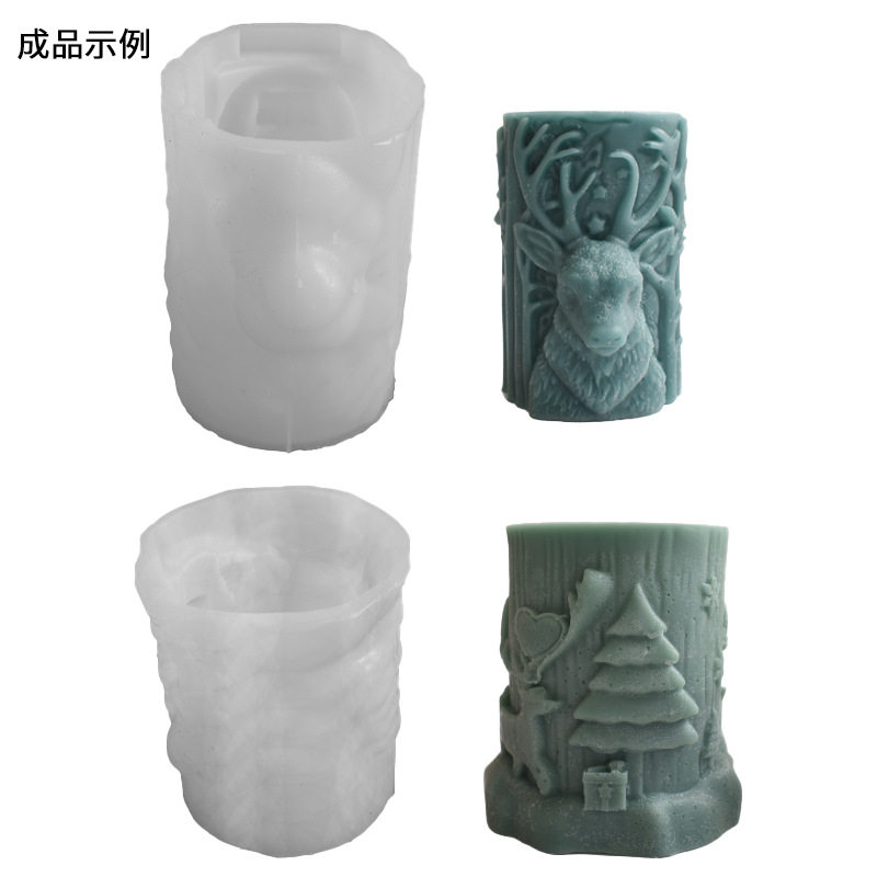 麋鹿圆柱浮雕蜡烛硅胶模具圣诞节