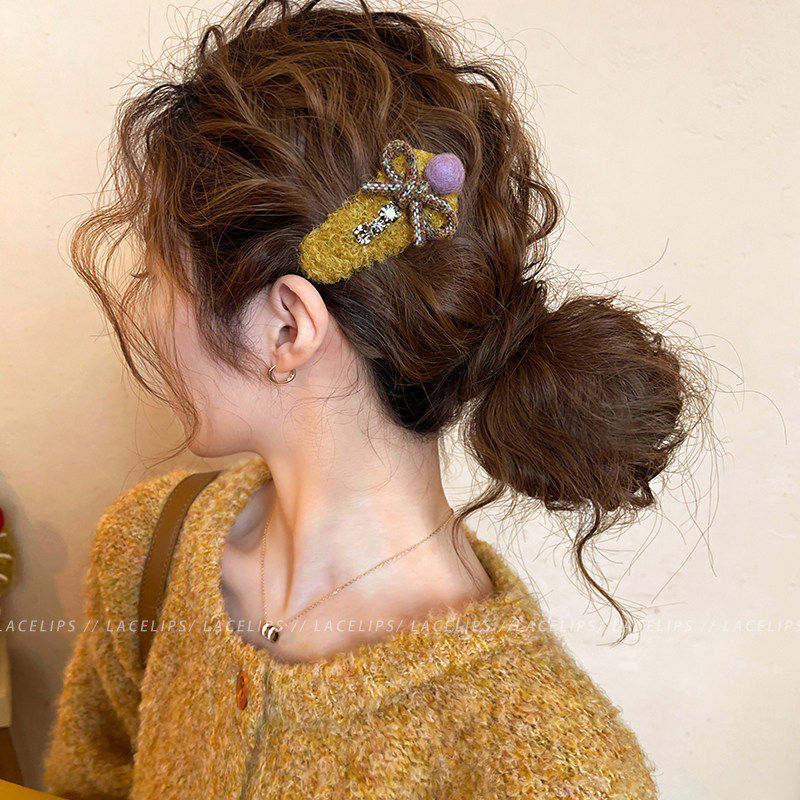 冬日闪钻蝴蝶结毛绒发夹女