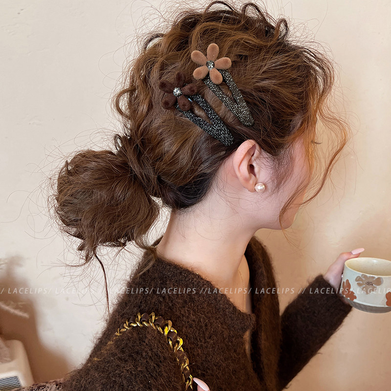 红色植绒闪钻花朵发夹女2025新款